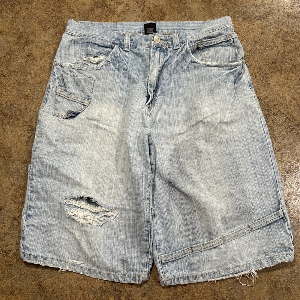 Vintage Y2k Makaveli Jean Shorts Size 36 Faded Blue Distressed Jorts 2 Pac